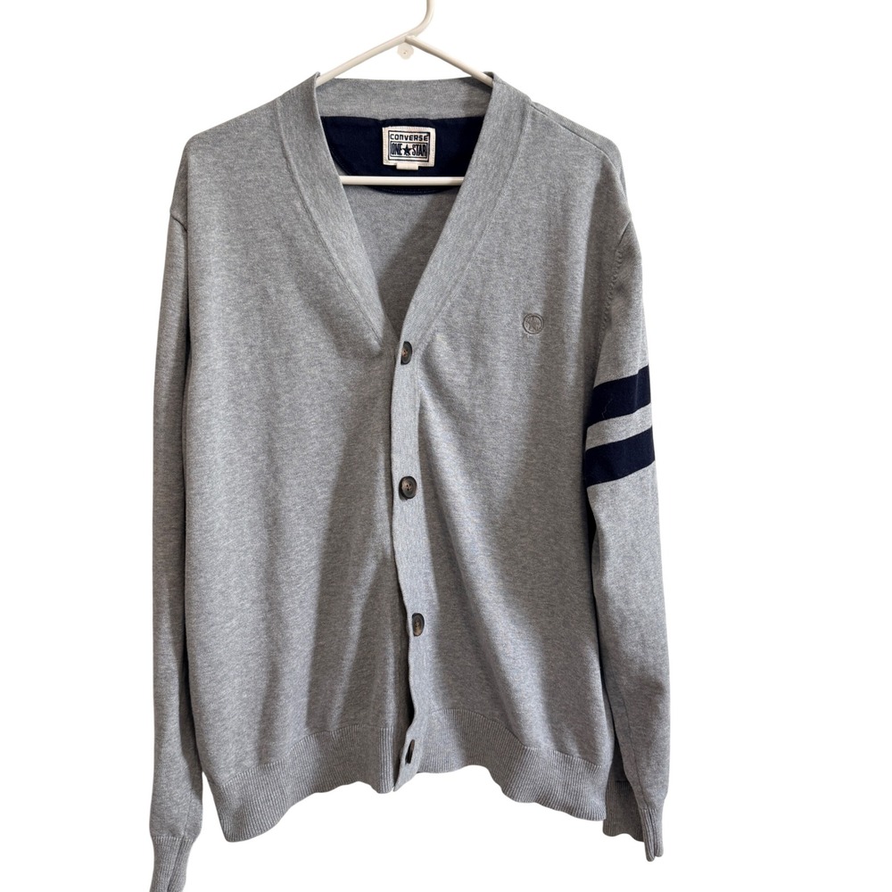 Converse One Star Cardigan Mens XL Gray Cotton Knit Navy Varsity Stripe V-Neck